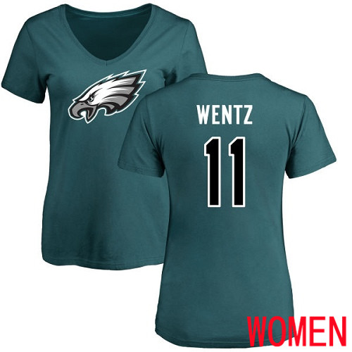 Women Philadelphia Eagles #11 Carson Wentz Green Name and Number Logo Slim Fit NFL T Shirt